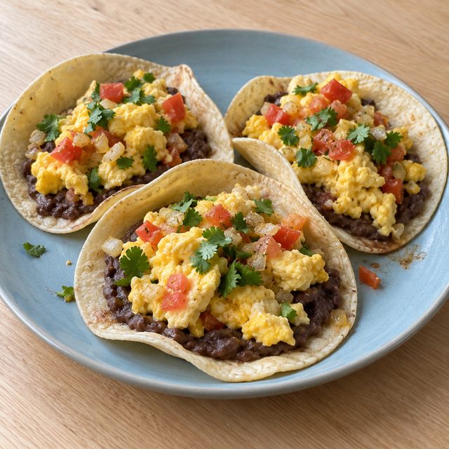 Huevos a la Mexicana-Style Tacos with Mashed Black Beans
