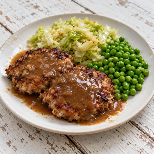 Turkey Smash Patties with Buttered Cabbage, Peas and Gravy