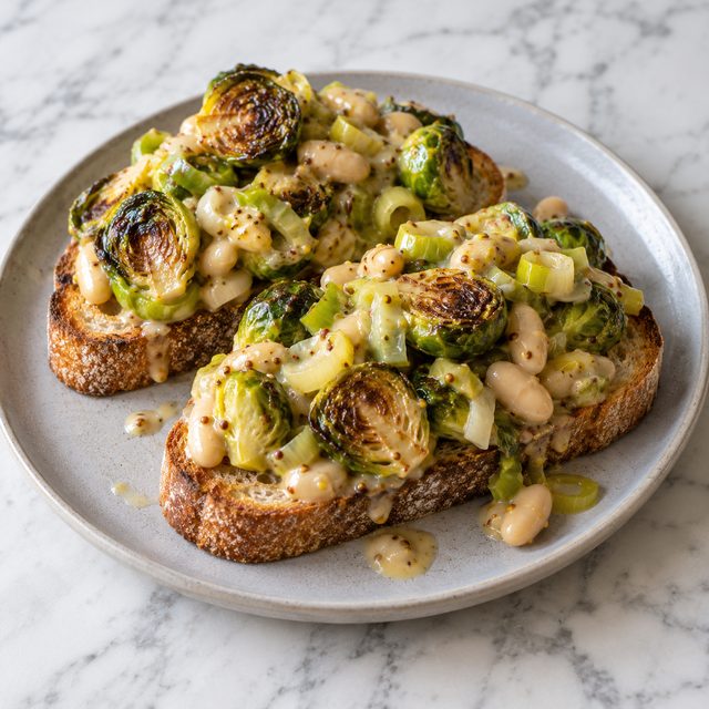 Brussels Sprouts and White Beans with Leeks and Mustard on Toast