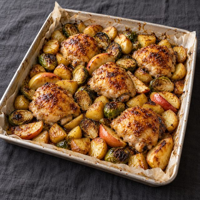 Sheet-Pan Mustard Chicken with Brussels Sprouts, Apples and Potatoes